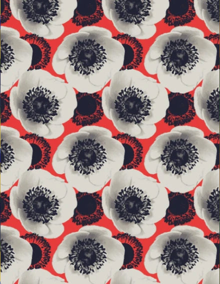 [bold black, white, and red floral fashion pattern]